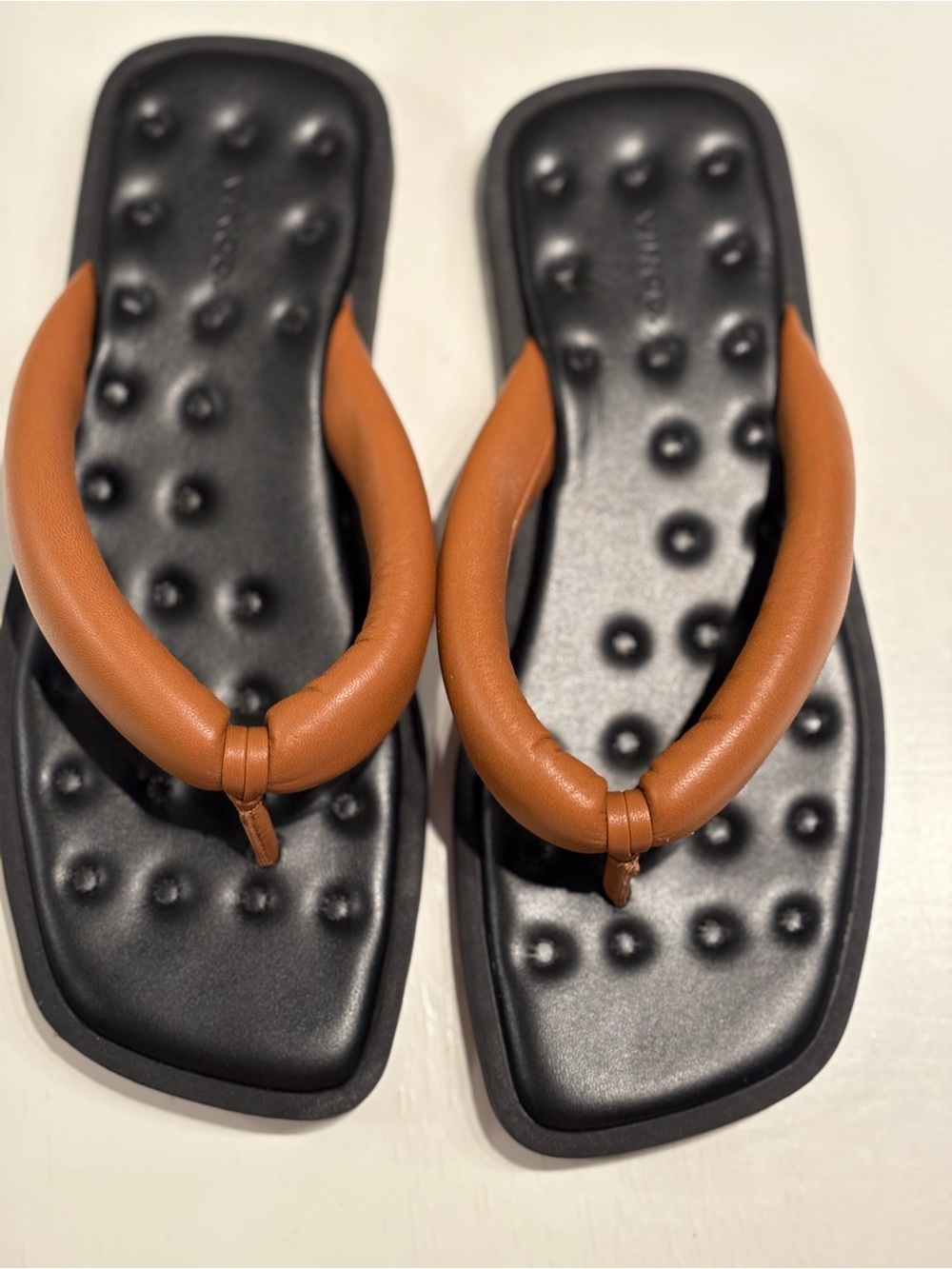 Vince Tan Padded Thong Sandals with Black Cushioned Footbed